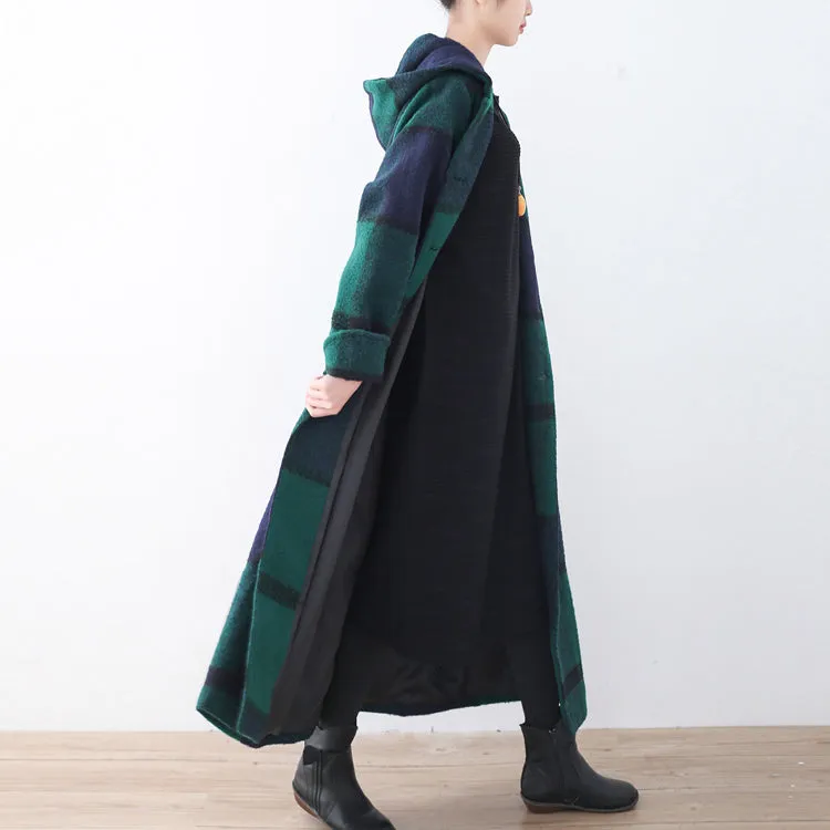 2021 green woolen coat casual trench coat plaid long coats hooded