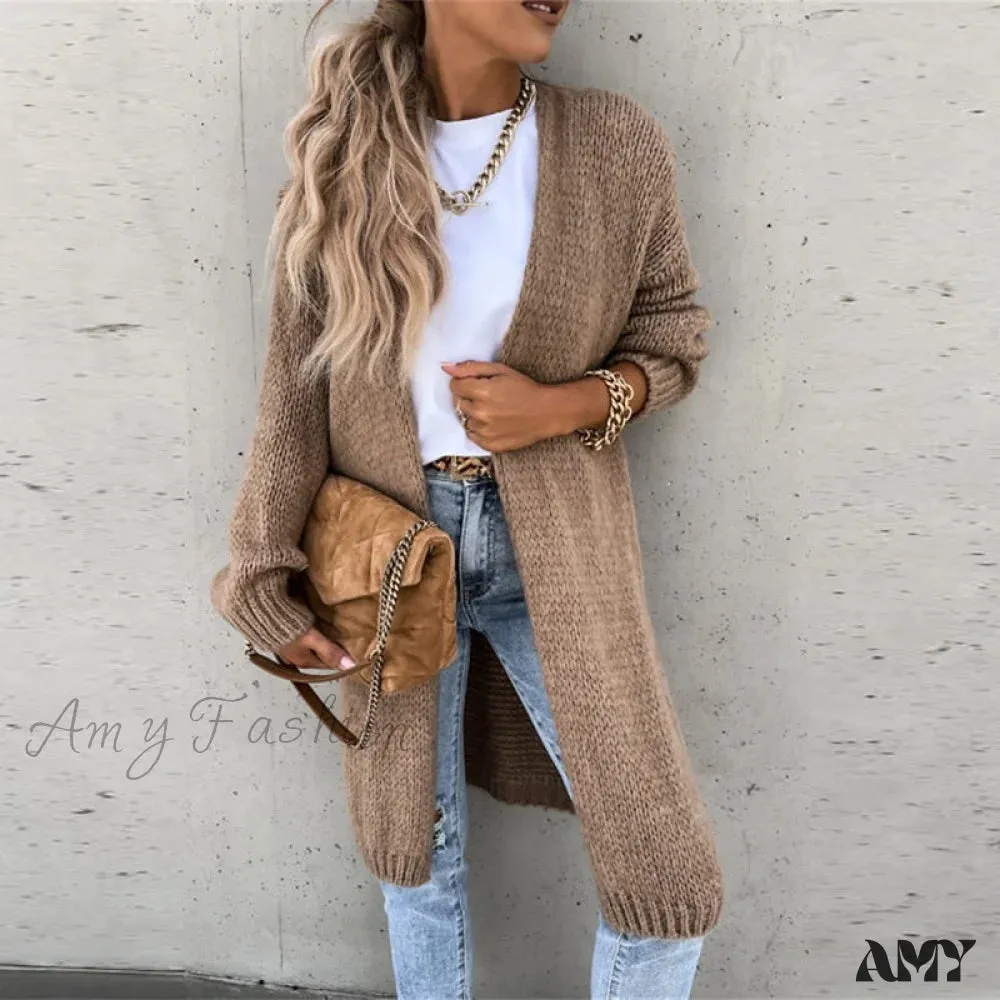 Amy Fashion - Women Casual Long Sleeve O-Neck Cardigan Solid Loose Knit Coats