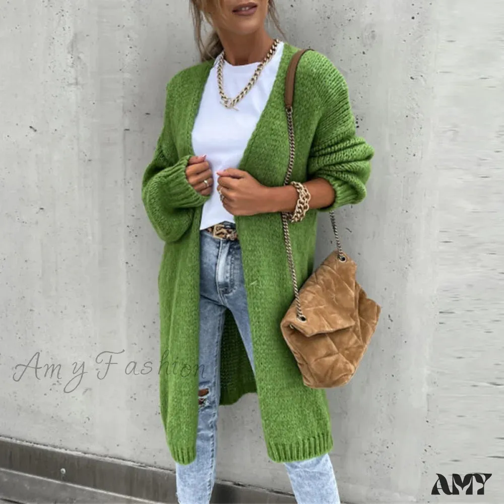 Amy Fashion - Women Casual Long Sleeve O-Neck Cardigan Solid Loose Knit Coats