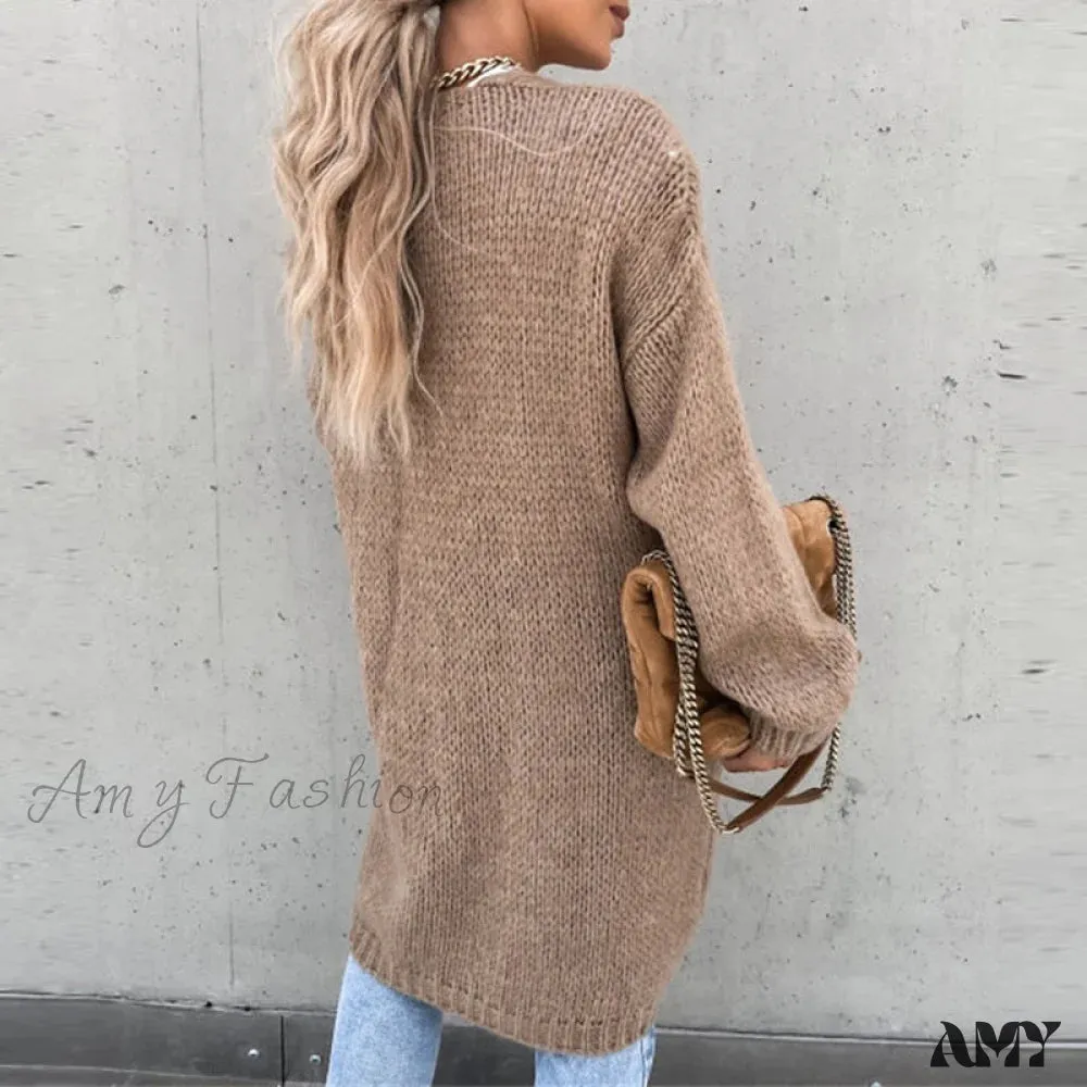 Amy Fashion - Women Casual Long Sleeve O-Neck Cardigan Solid Loose Knit Coats