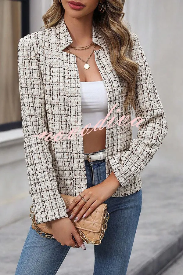 Ask You Out Tweed Plaid Long Sleeve Open Front Blazer