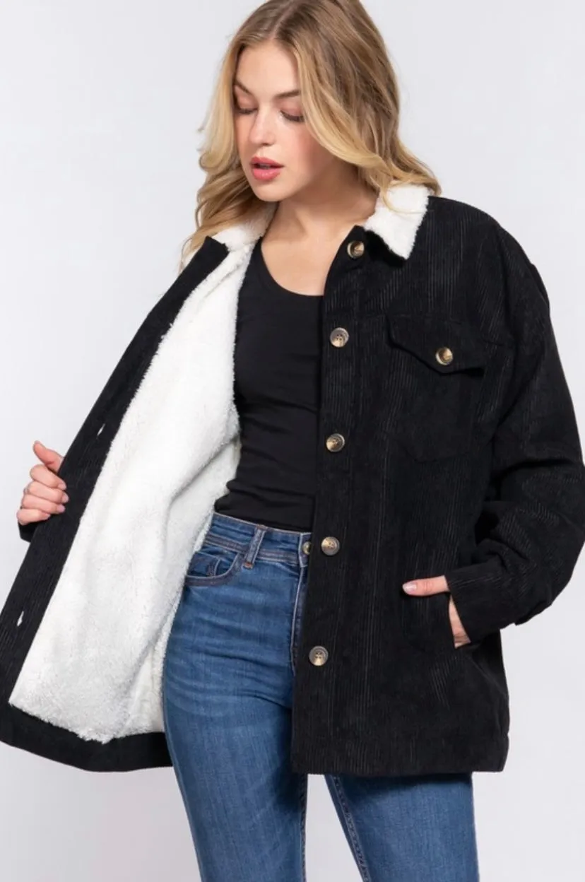 Black Corduroy Inner Faux Fur Long Sleeve with Pockets Button Up Jacket