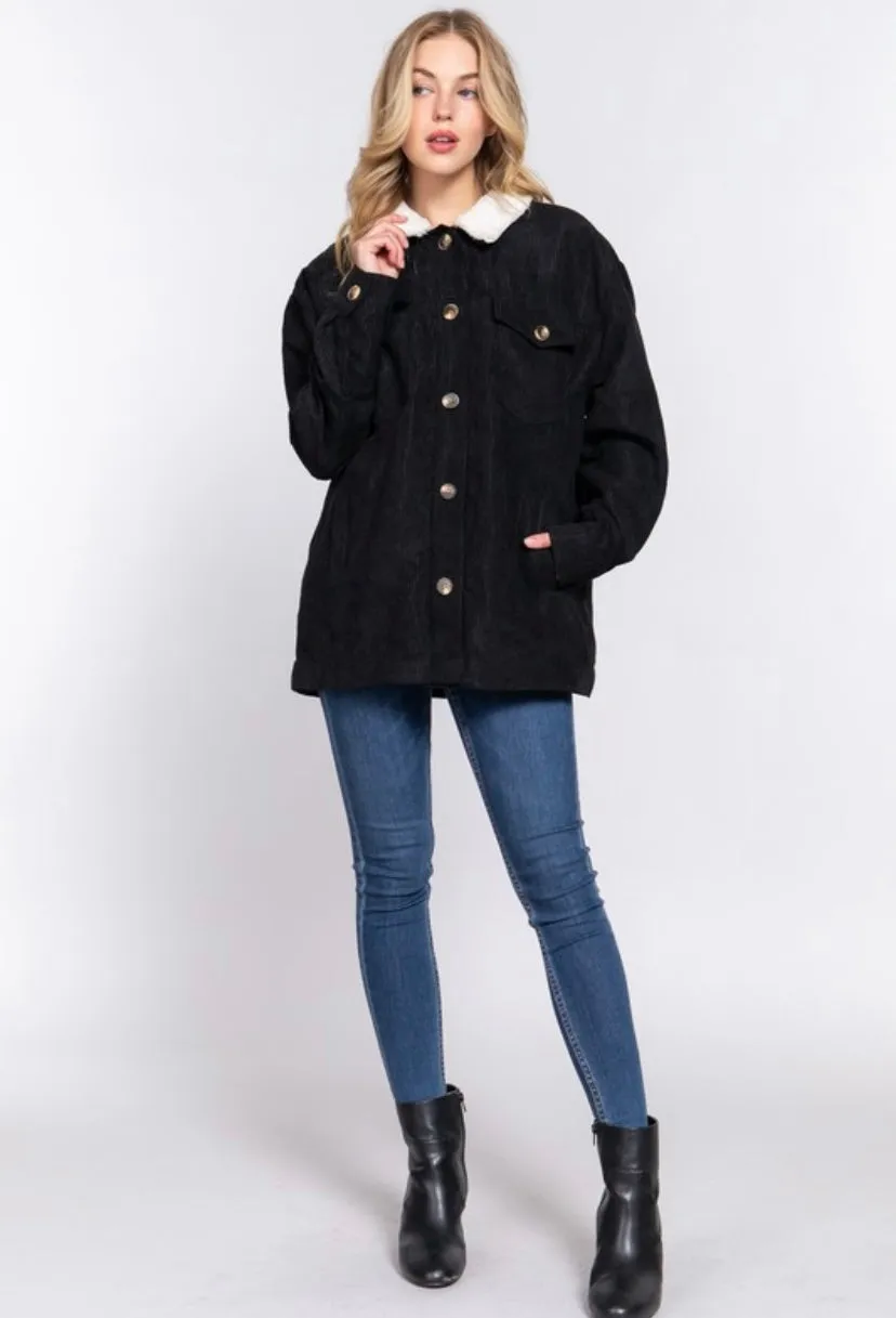 Black Corduroy Inner Faux Fur Long Sleeve with Pockets Button Up Jacket