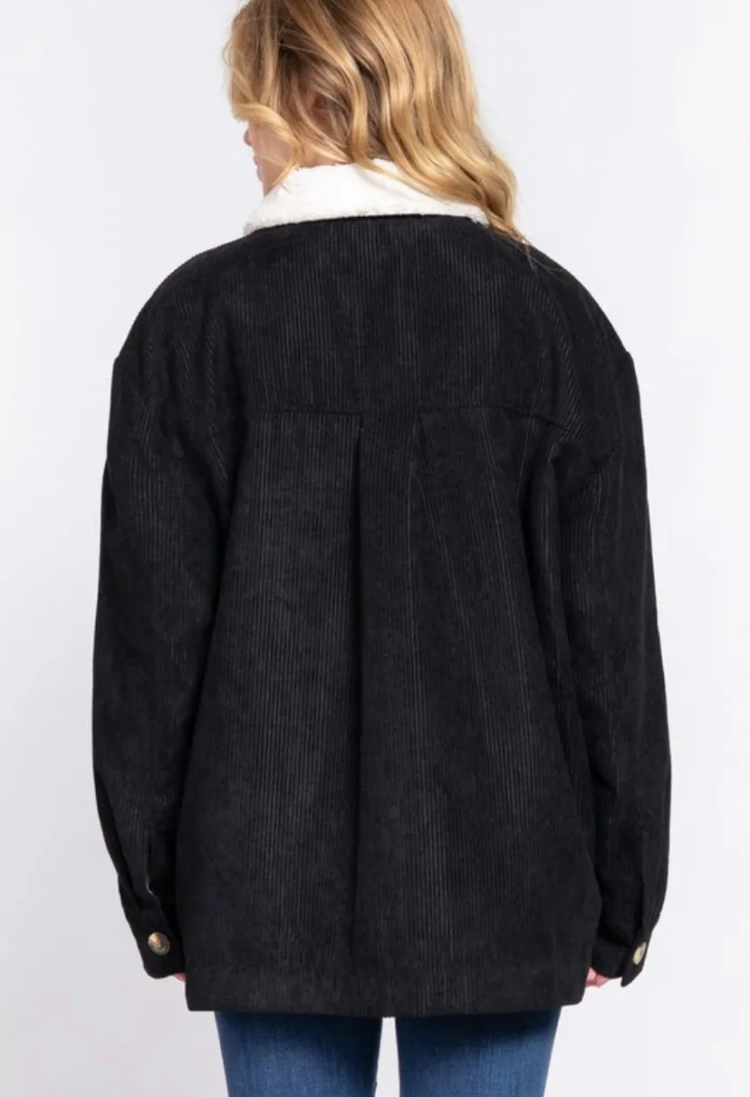 Black Corduroy Inner Faux Fur Long Sleeve with Pockets Button Up Jacket