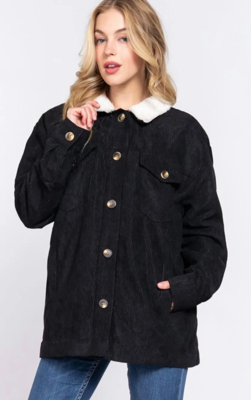 Black Corduroy Inner Faux Fur Long Sleeve with Pockets Button Up Jacket