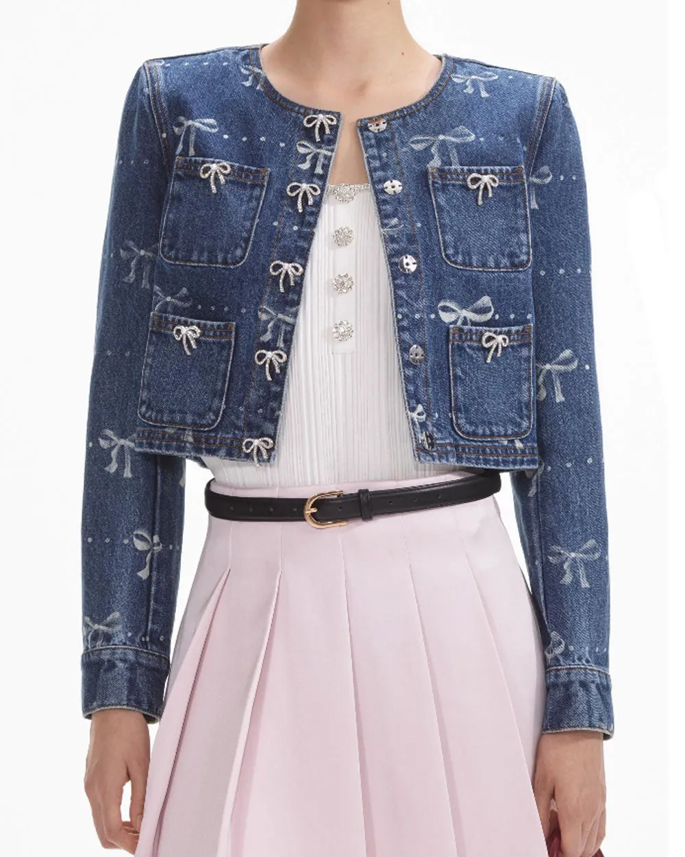 Blue Bow Print Denim Jacket