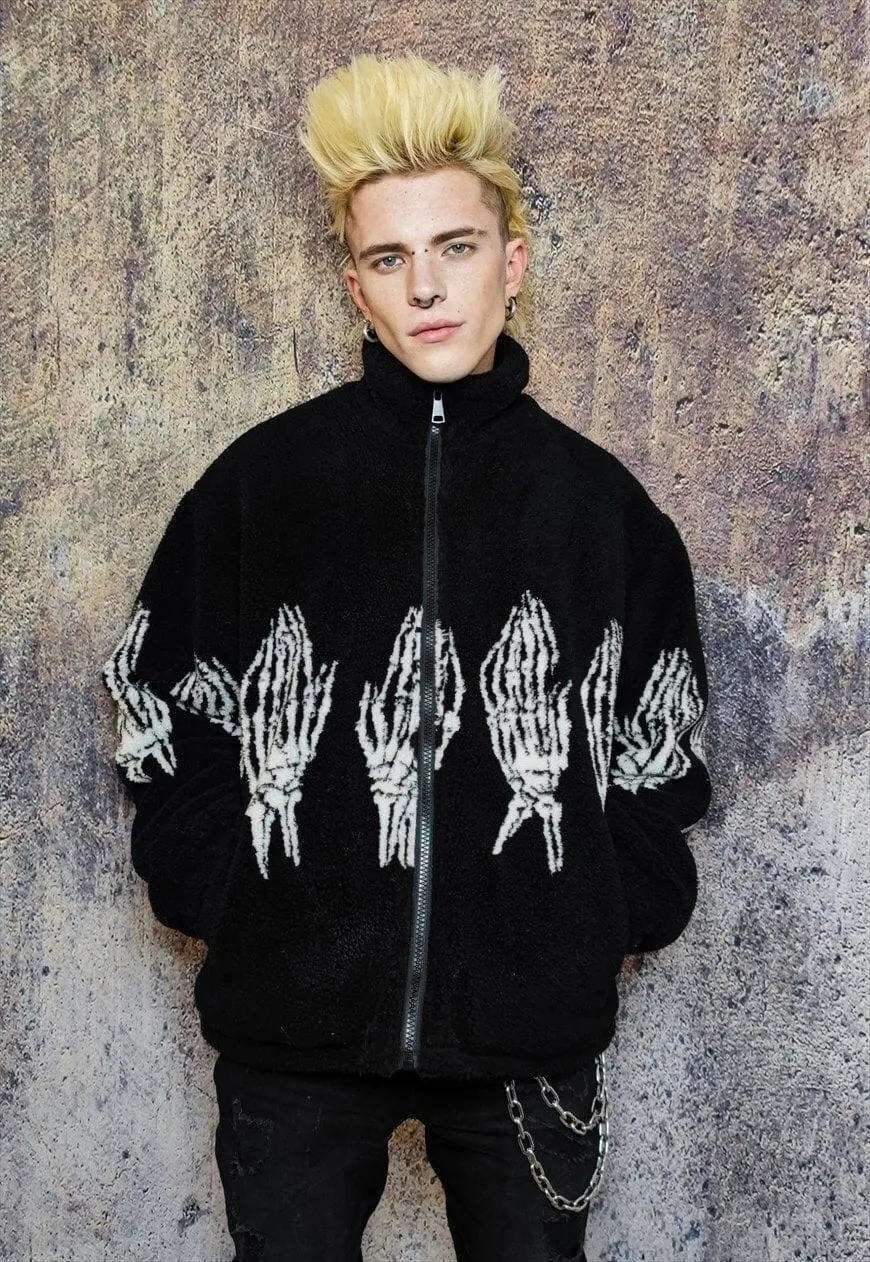 Bones fleece jacket faux fur grunge skeleton bomber in black