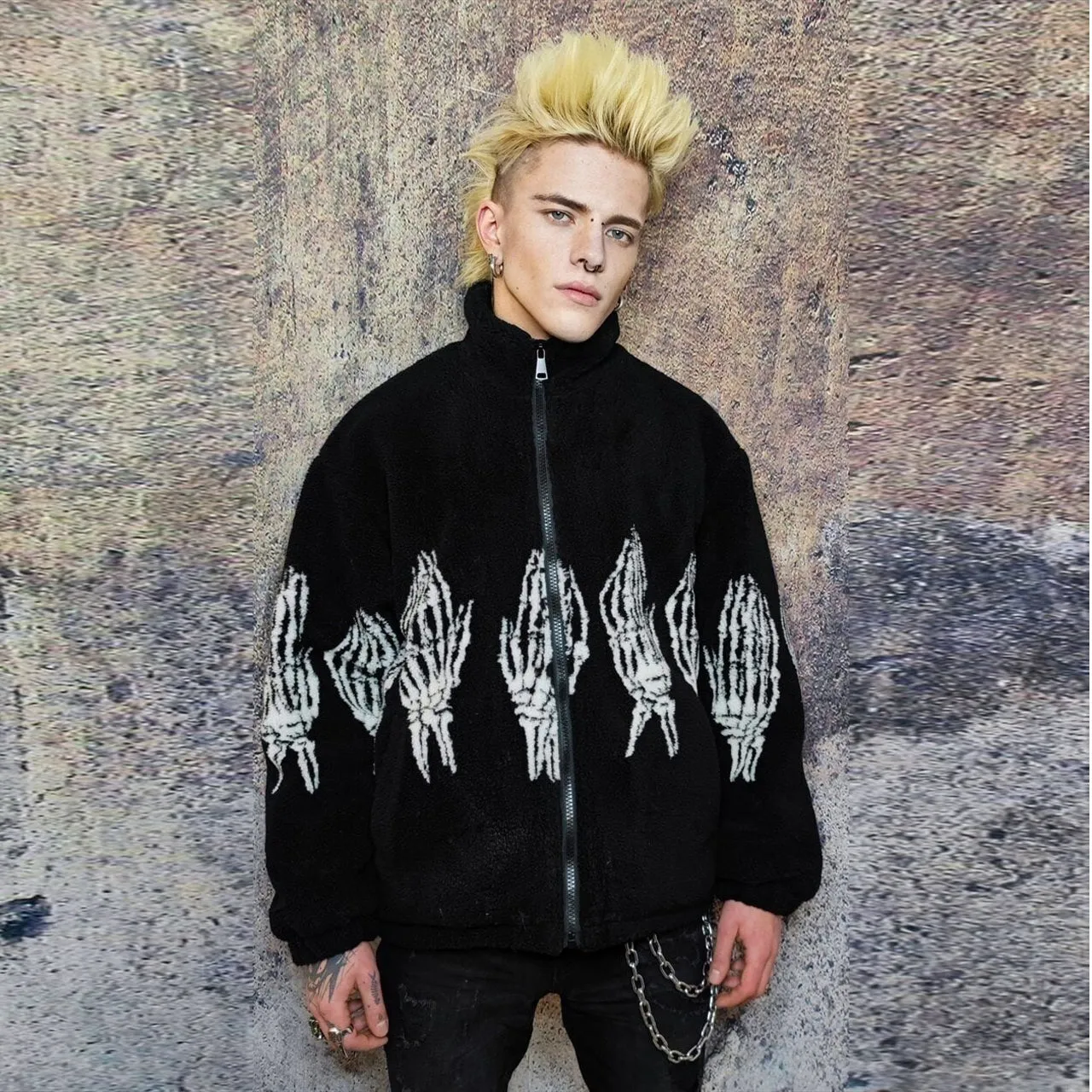 Bones fleece jacket faux fur grunge skeleton bomber in black