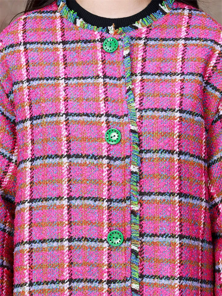 Casual Loose Fit Winter Pink Plaid Coats for Ladies