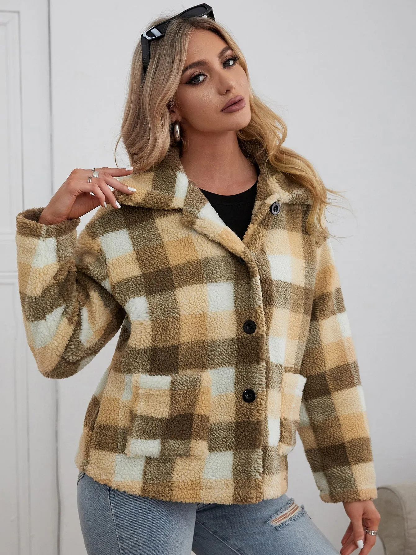 Casual Plaid Button Long Sleeve Collar Regular Women Coat