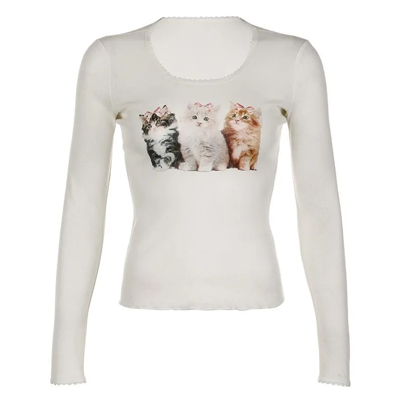 Cat pattern long sleeve round neck textured ruffle top grunge 90s Streetwear Distressed Fashion