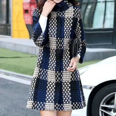 Check Long Sleeve Standing Collar Midi Casual Coats