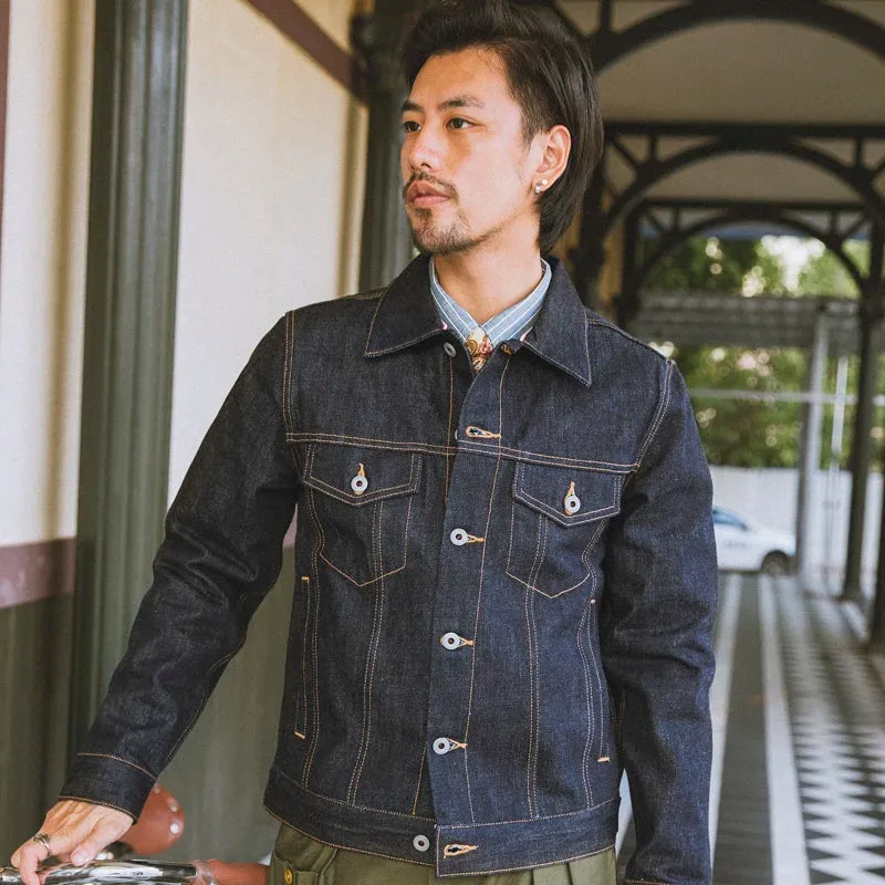 Classic Trucker Jean Jacket in Pink Line Selvage Denim