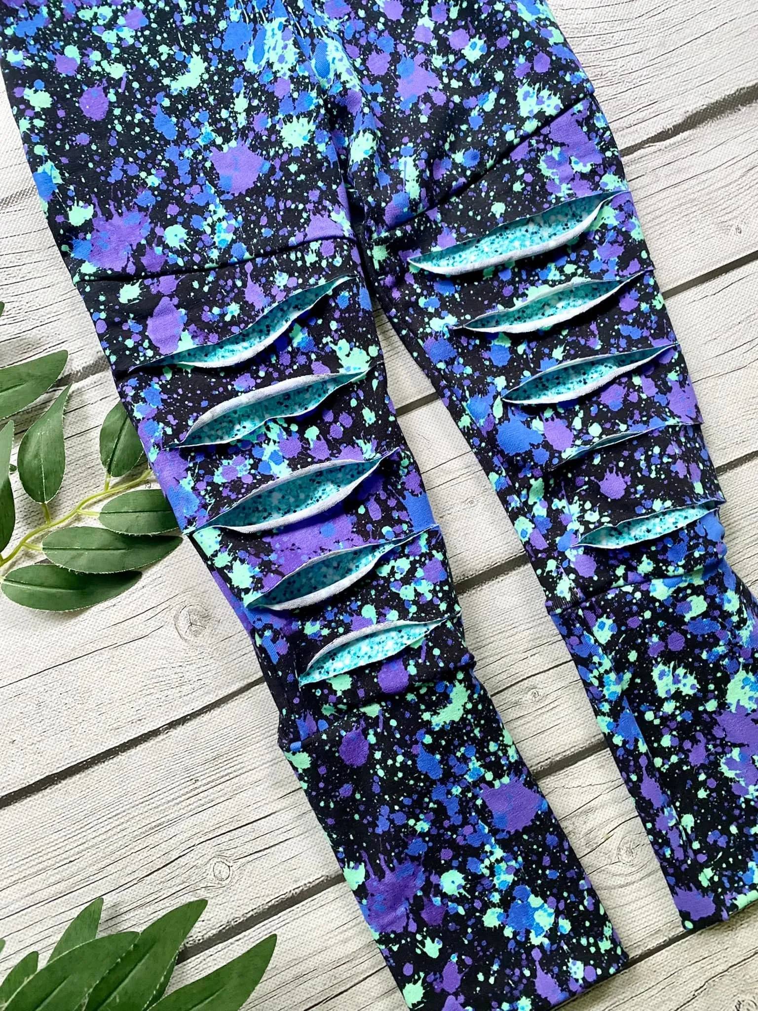 Cool Tone Paint Splatter Distressed Leggings