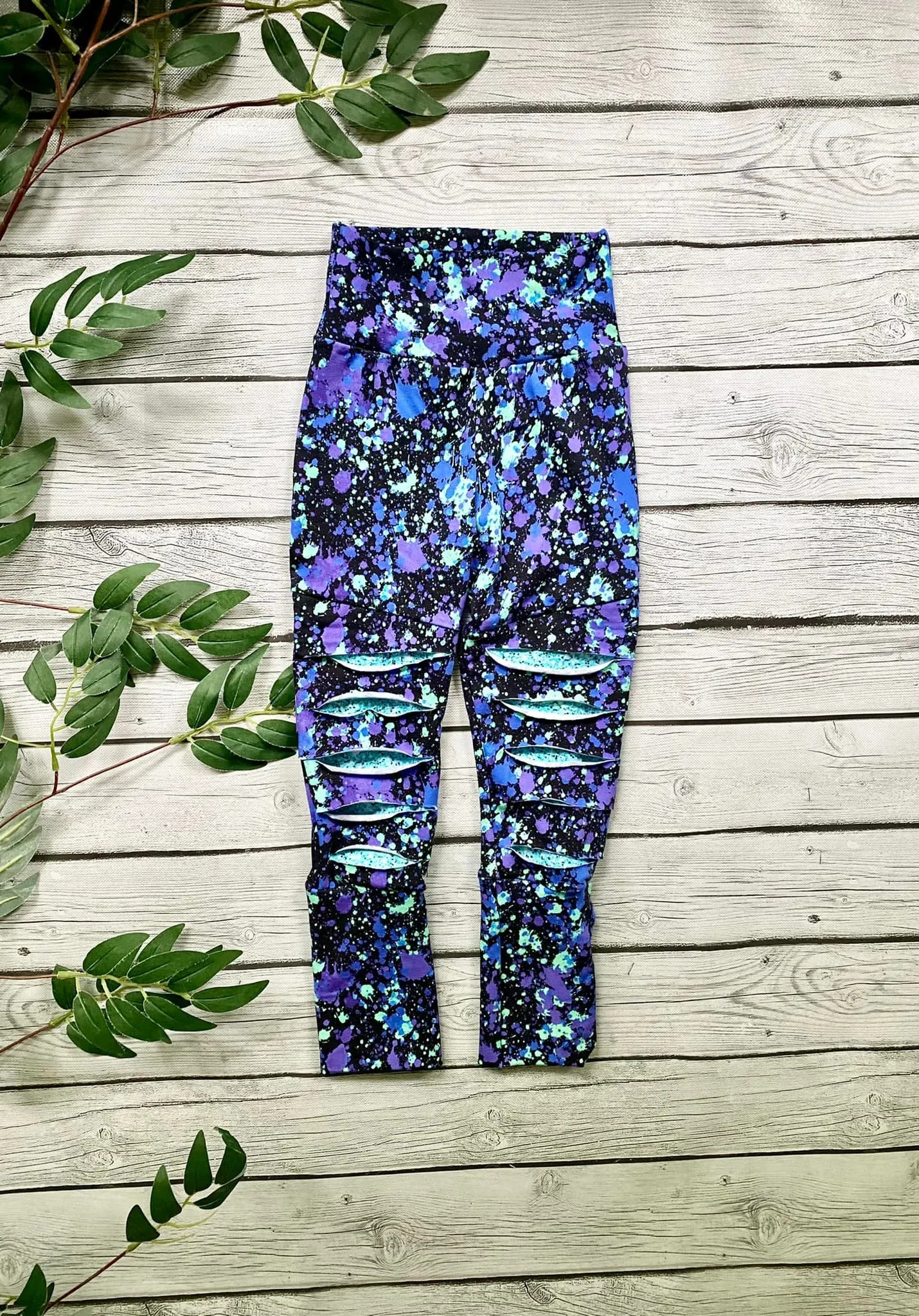 Cool Tone Paint Splatter Distressed Leggings