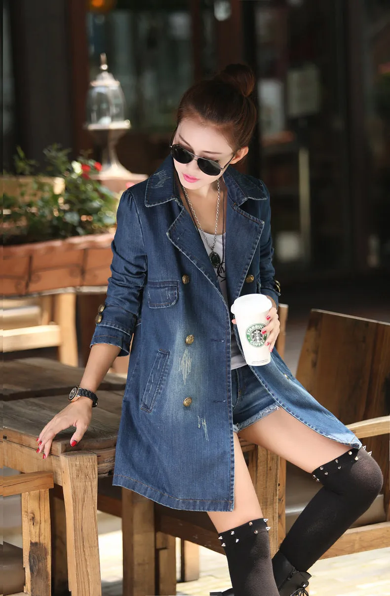 Denim Women Mid-Length Casual Double-Breasted Windbreaker Outerwear