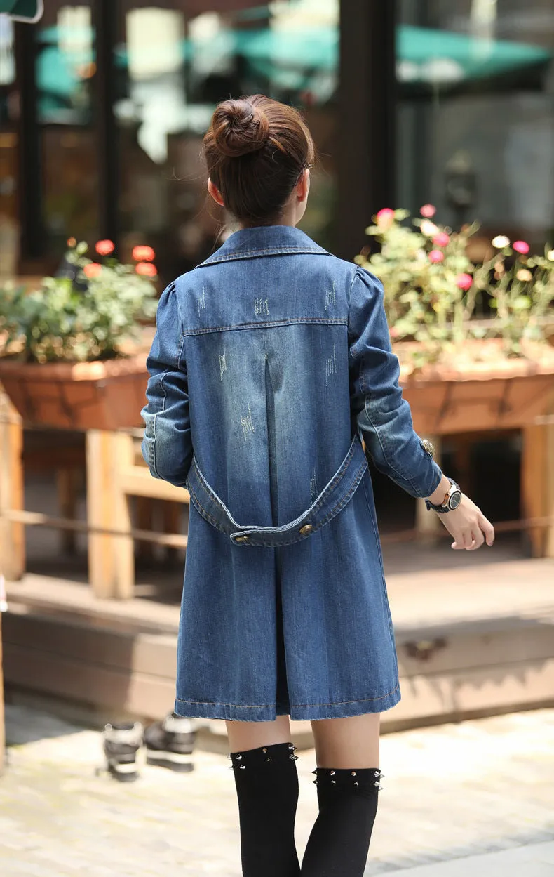 Denim Women Mid-Length Casual Double-Breasted Windbreaker Outerwear