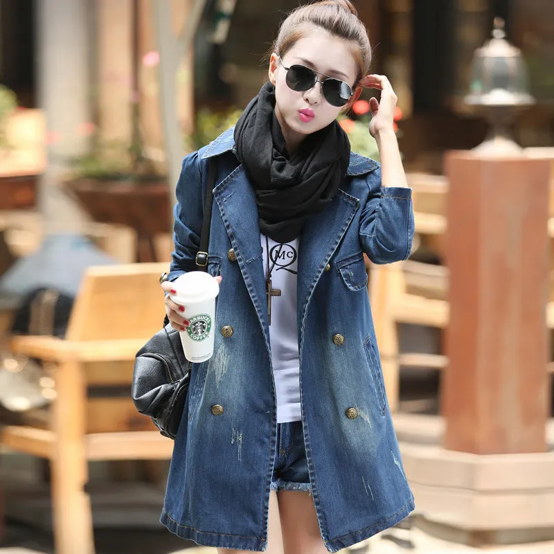 Denim Women Mid-Length Casual Double-Breasted Windbreaker Outerwear