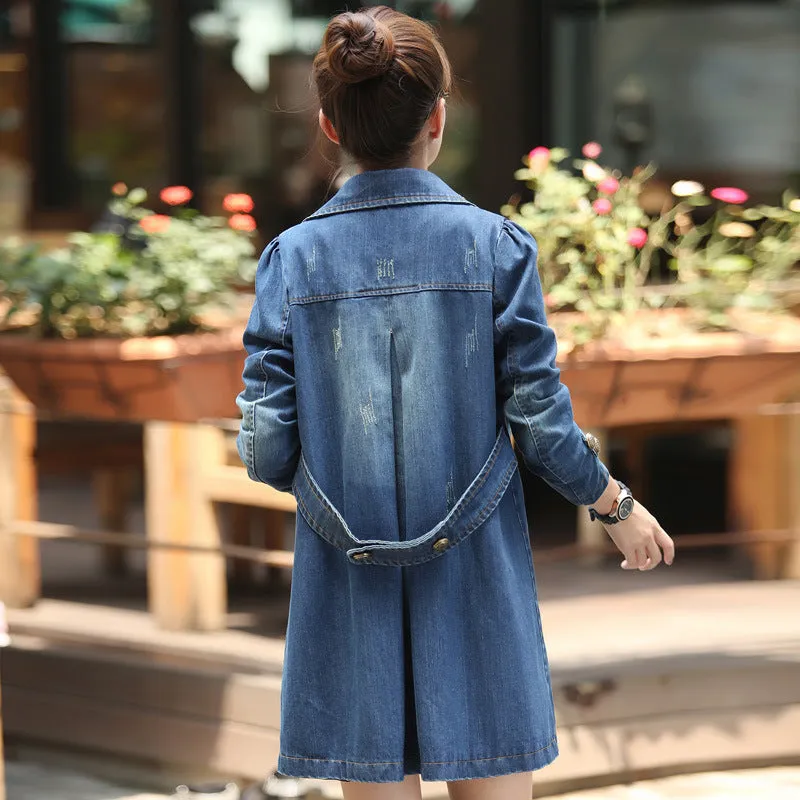 Denim Women Mid-Length Casual Double-Breasted Windbreaker Outerwear