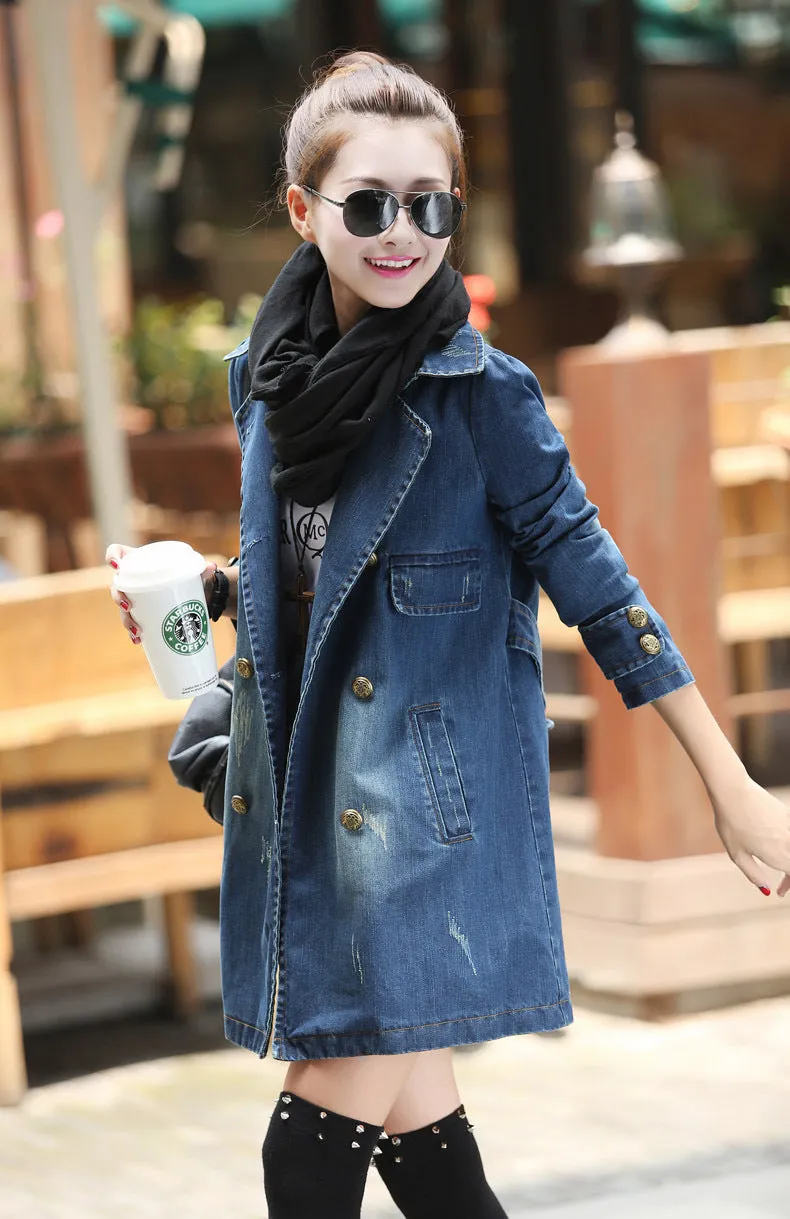 Denim Women Mid-Length Casual Double-Breasted Windbreaker Outerwear