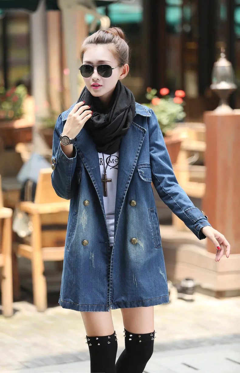 Denim Women Mid-Length Casual Double-Breasted Windbreaker Outerwear