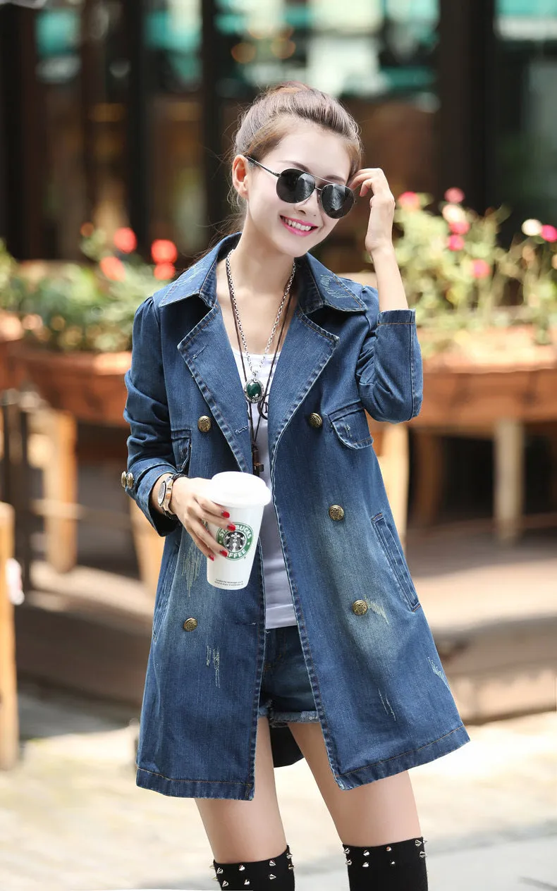 Denim Women Mid-Length Casual Double-Breasted Windbreaker Outerwear