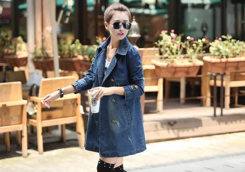 Denim Women Mid-Length Casual Double-Breasted Windbreaker Outerwear