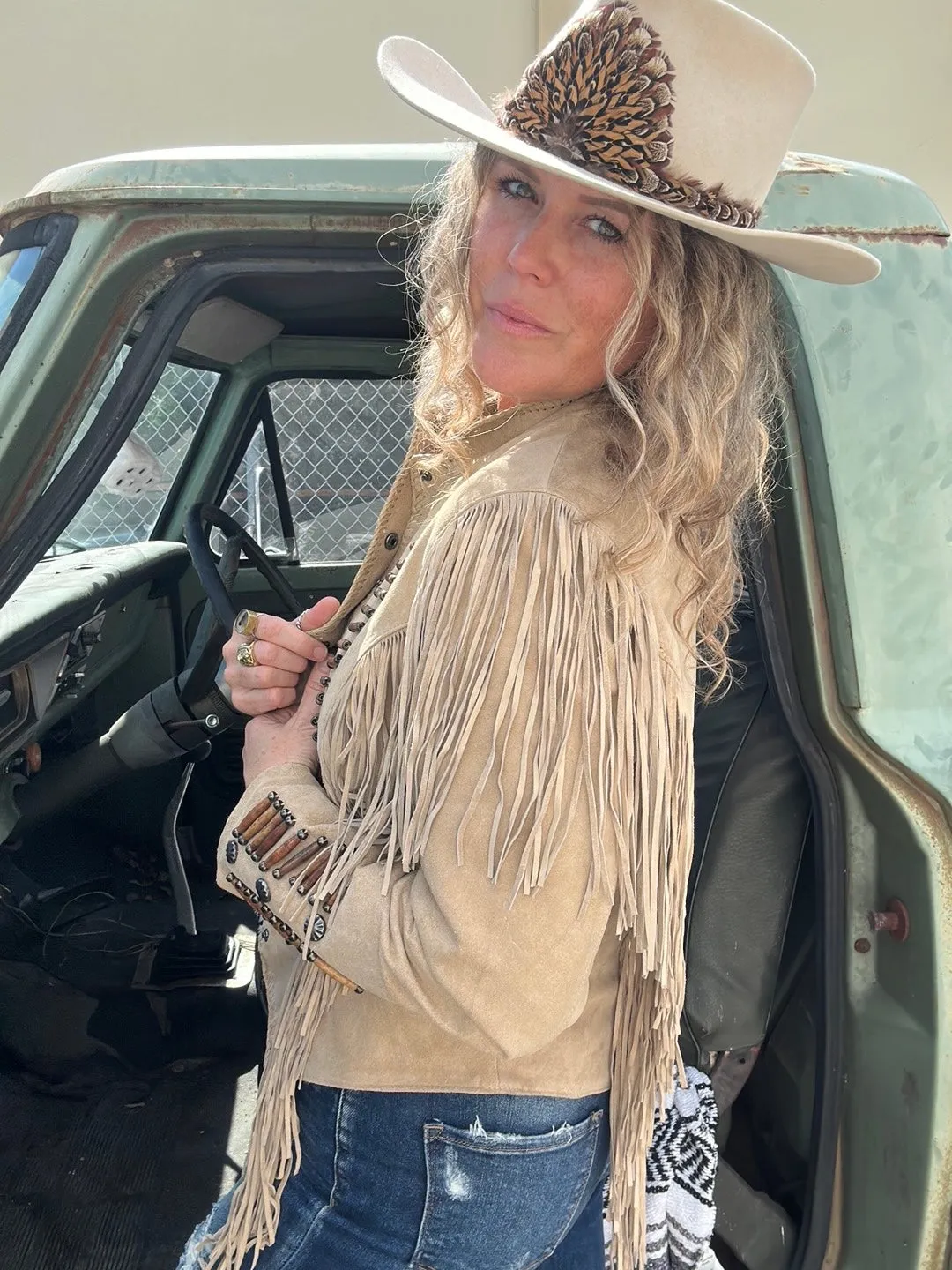 Desperado Beaded Fringe Leather Jacket ~ Old Rust/Sand  (DS)