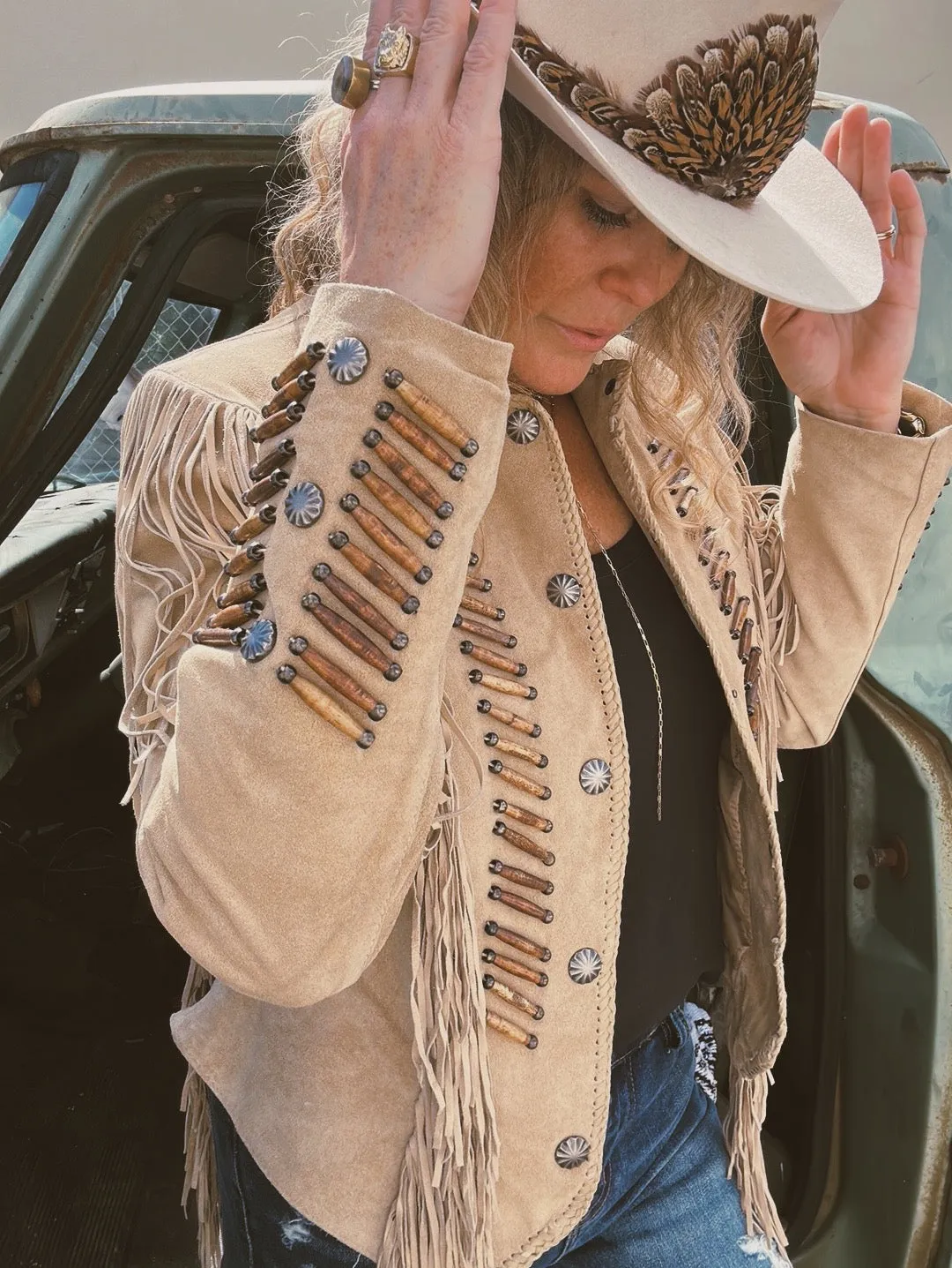 Desperado Beaded Fringe Leather Jacket ~ Old Rust/Sand  (DS)