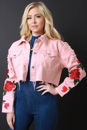 Distressed Floral Embroidery Crop Denim Jacket