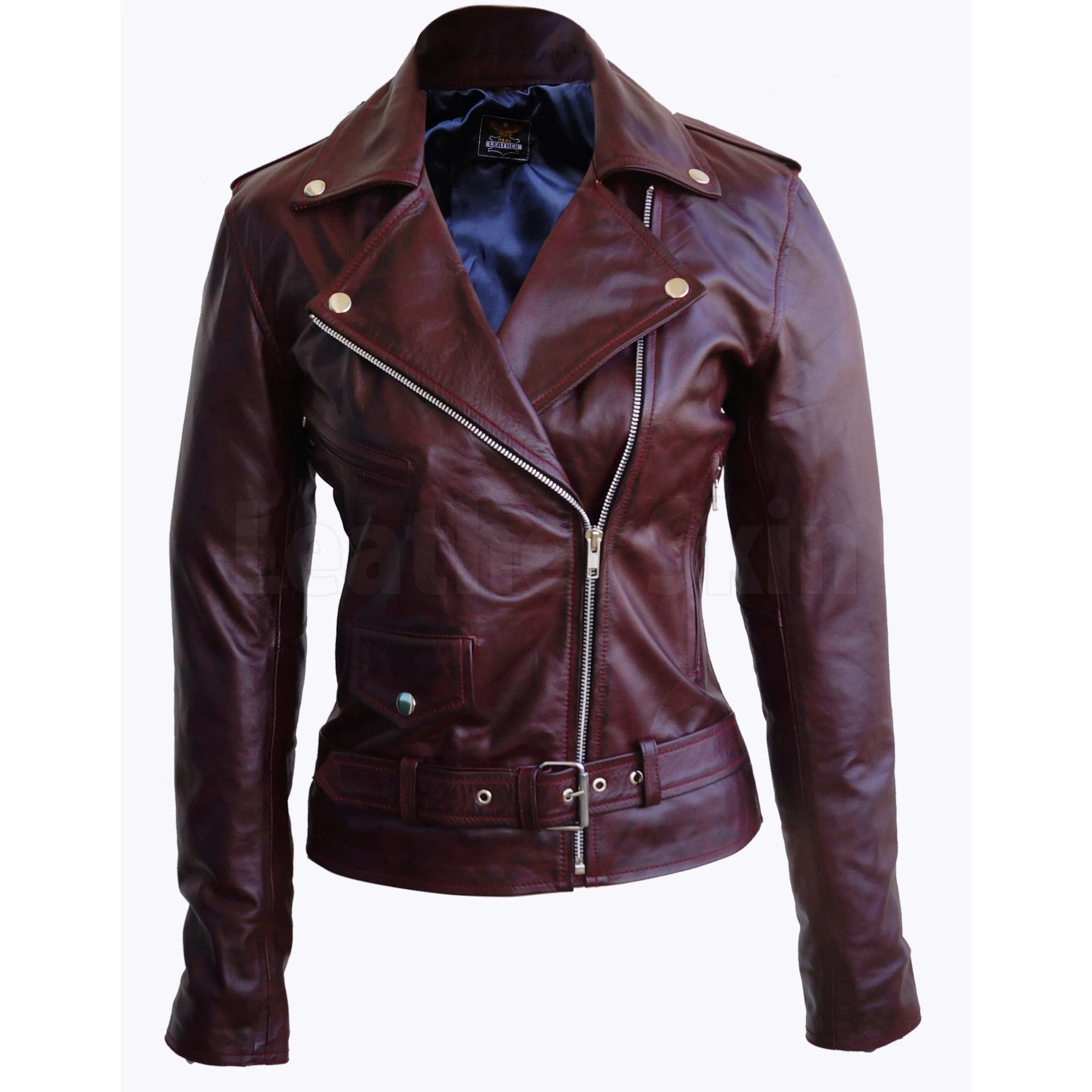 Distressed Red Brando Belted Sheep Leather Jacket with Epaulettes