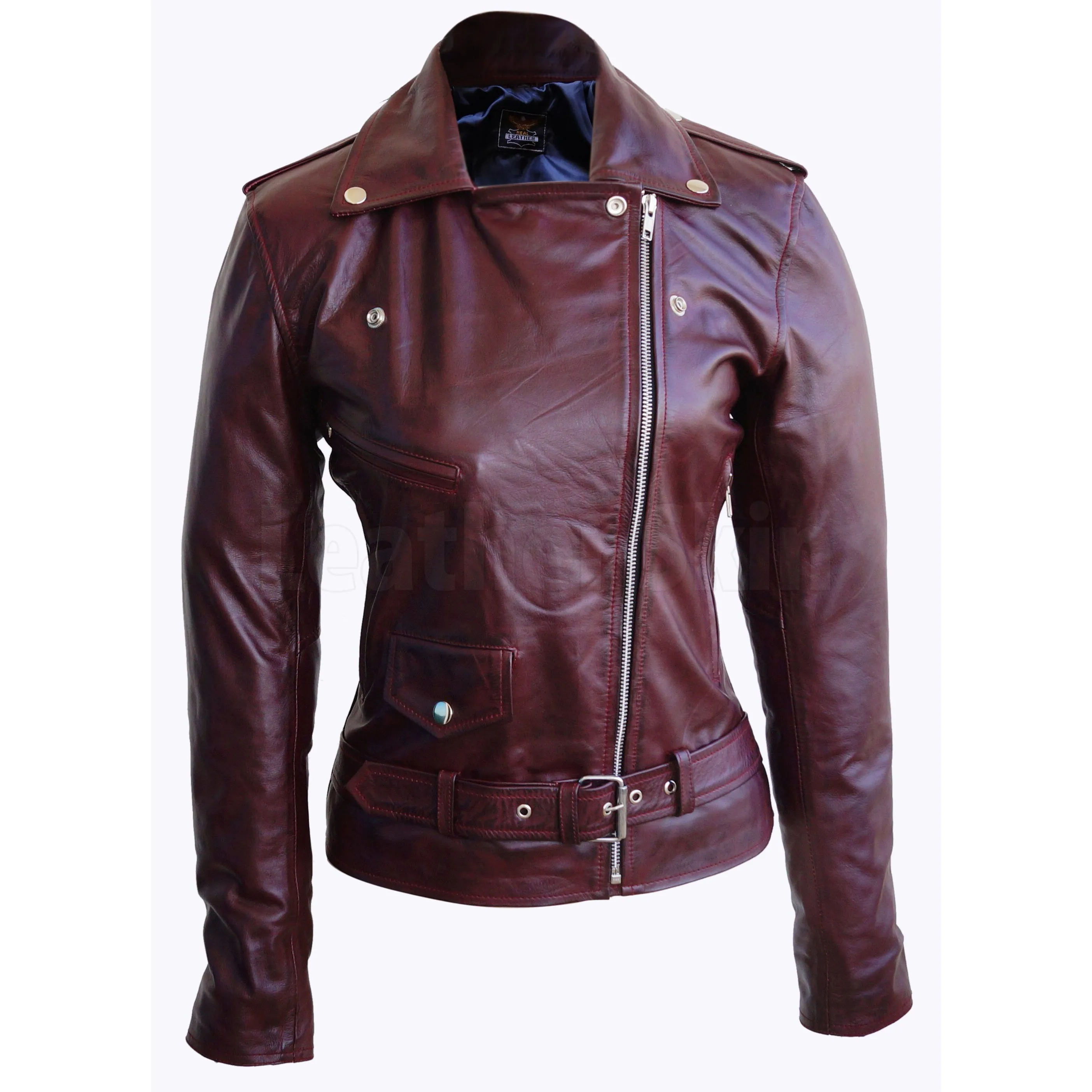 Distressed Red Brando Belted Sheep Leather Jacket with Epaulettes