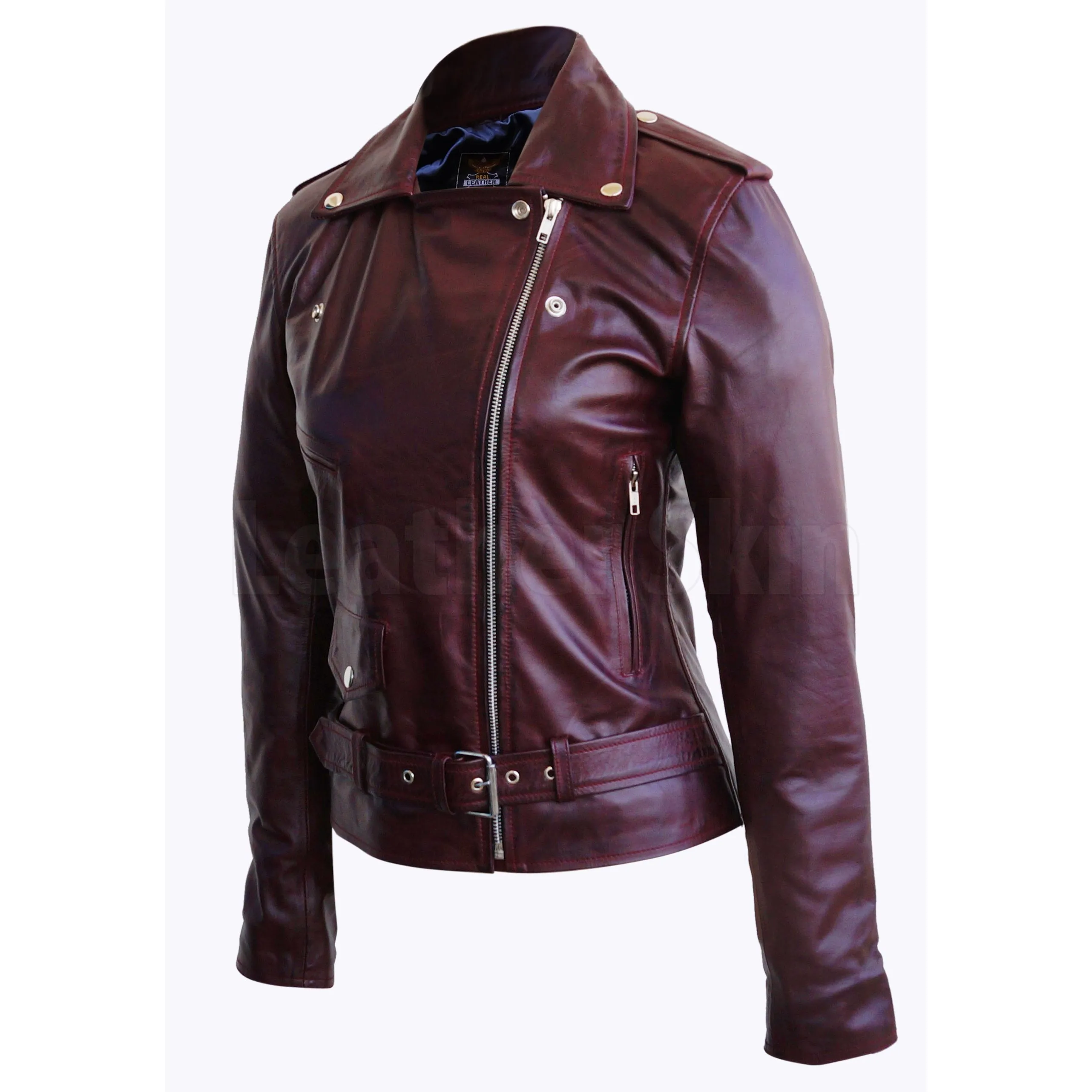 Distressed Red Brando Belted Sheep Leather Jacket with Epaulettes