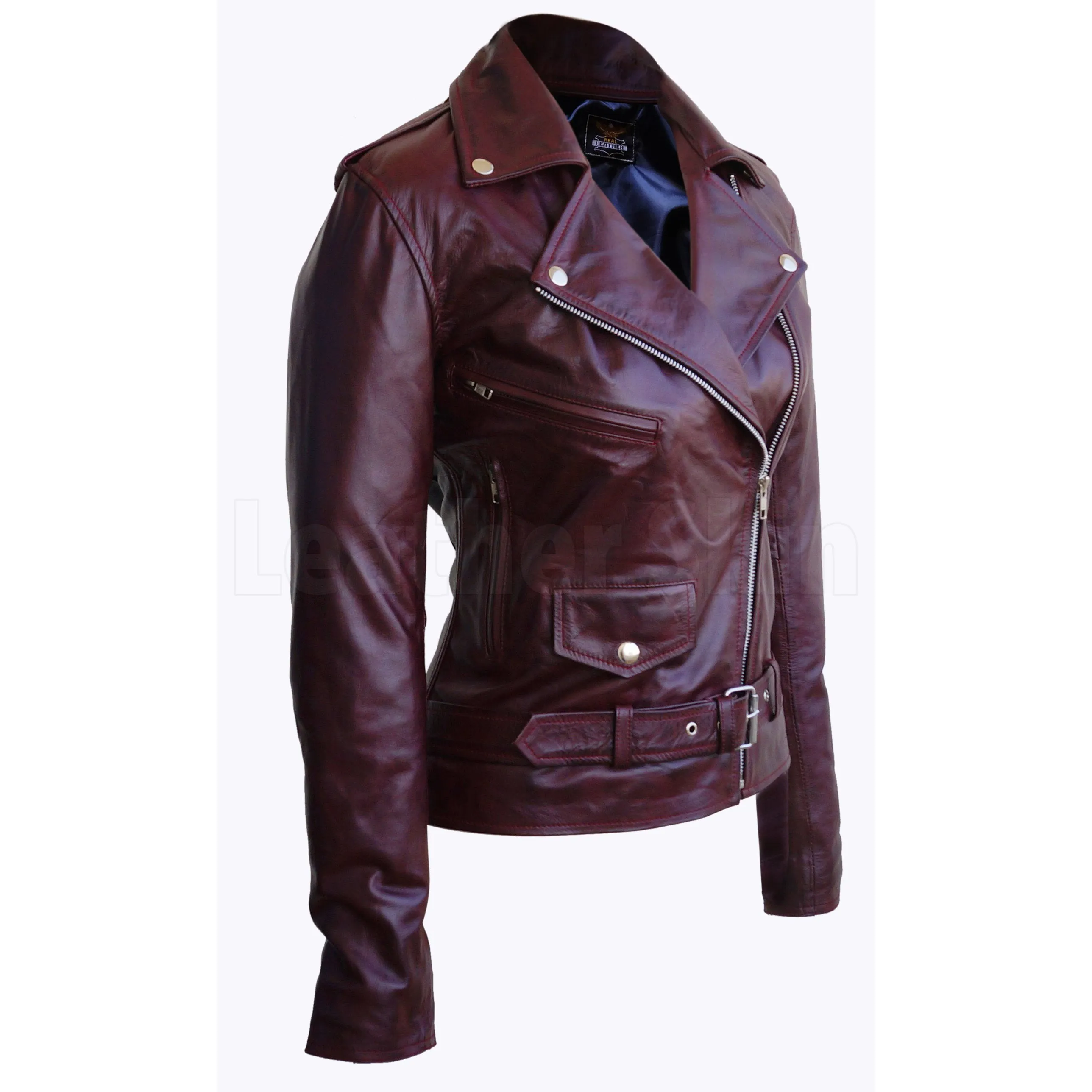 Distressed Red Brando Belted Sheep Leather Jacket with Epaulettes