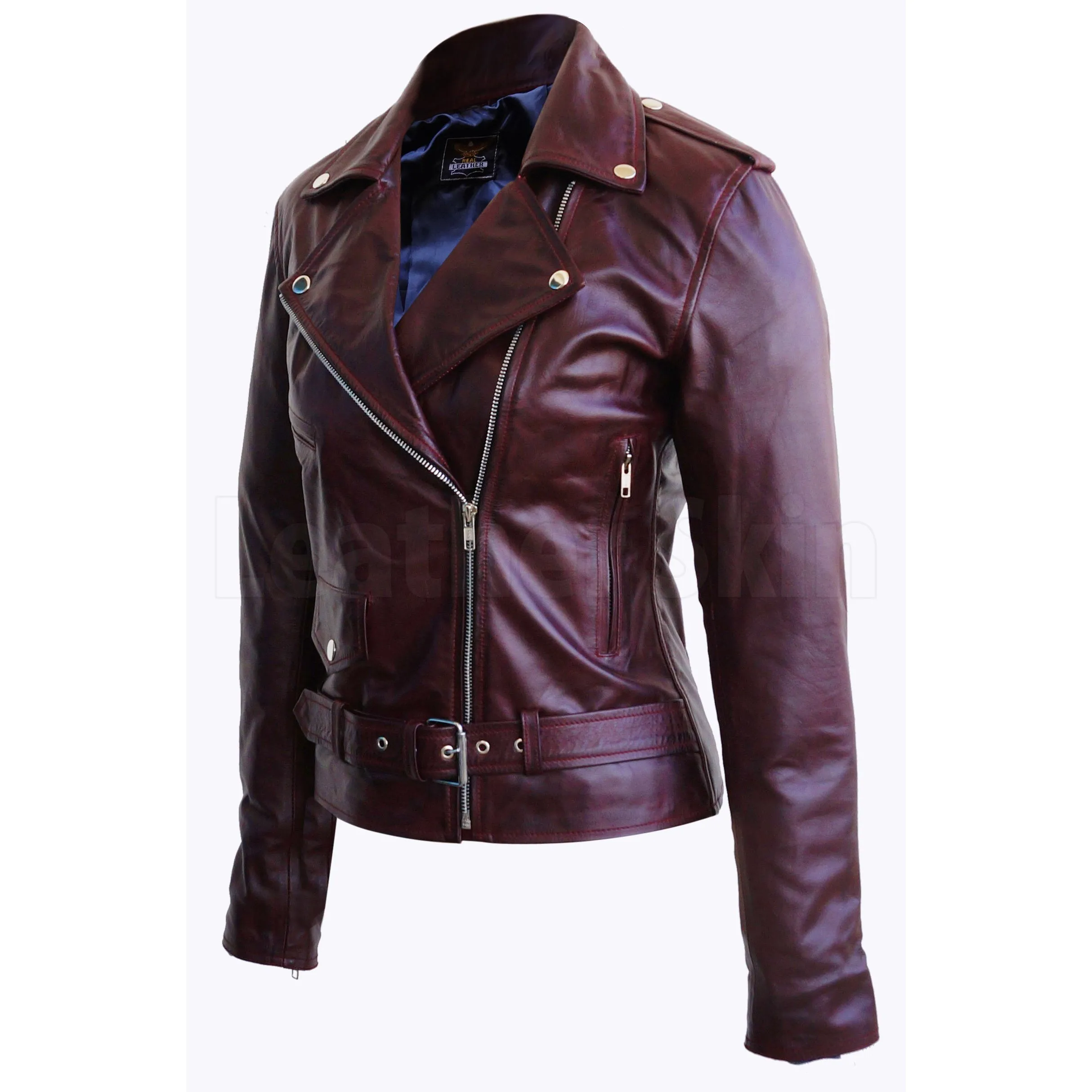 Distressed Red Brando Belted Sheep Leather Jacket with Epaulettes