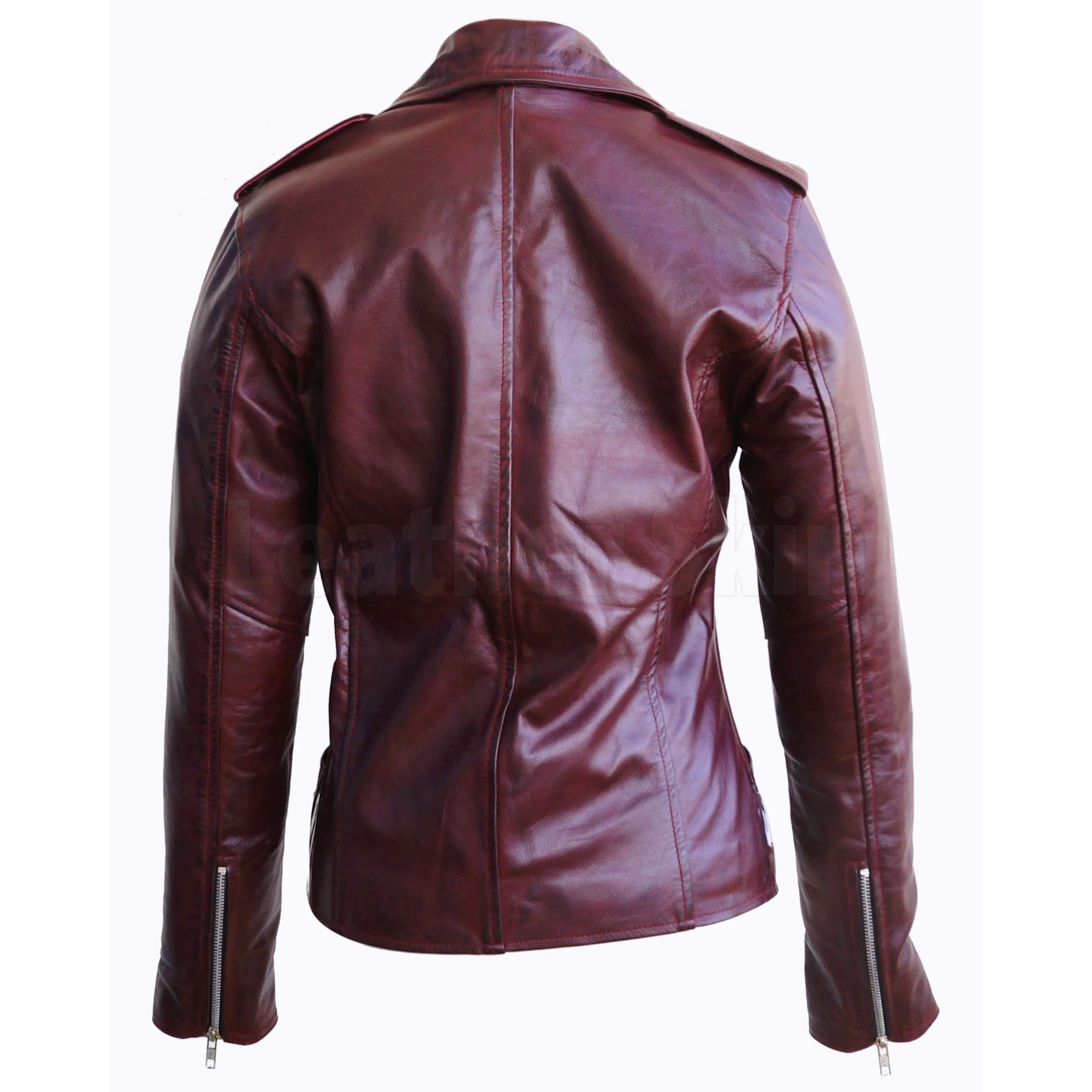 Distressed Red Brando Belted Sheep Leather Jacket with Epaulettes