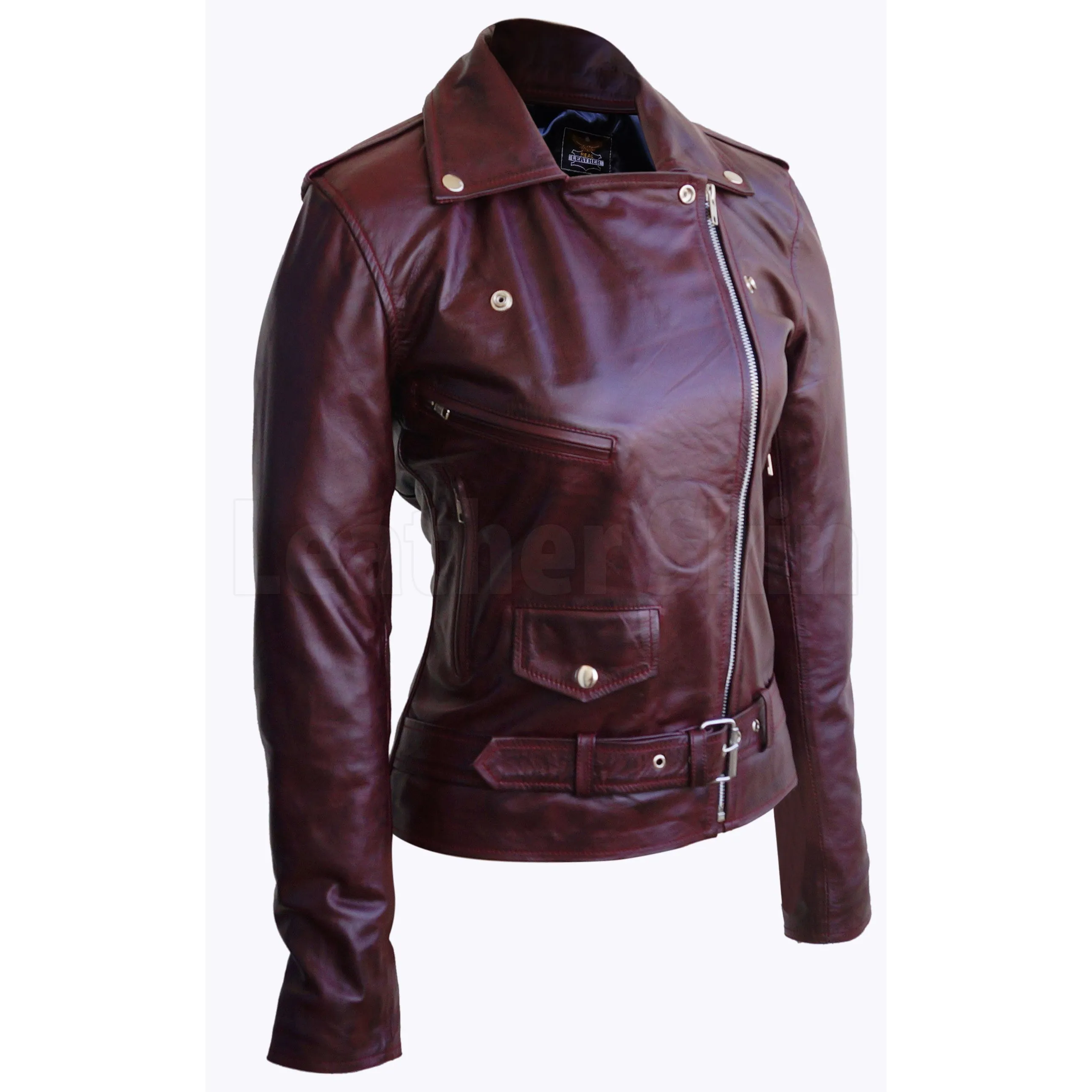 Distressed Red Brando Belted Sheep Leather Jacket with Epaulettes