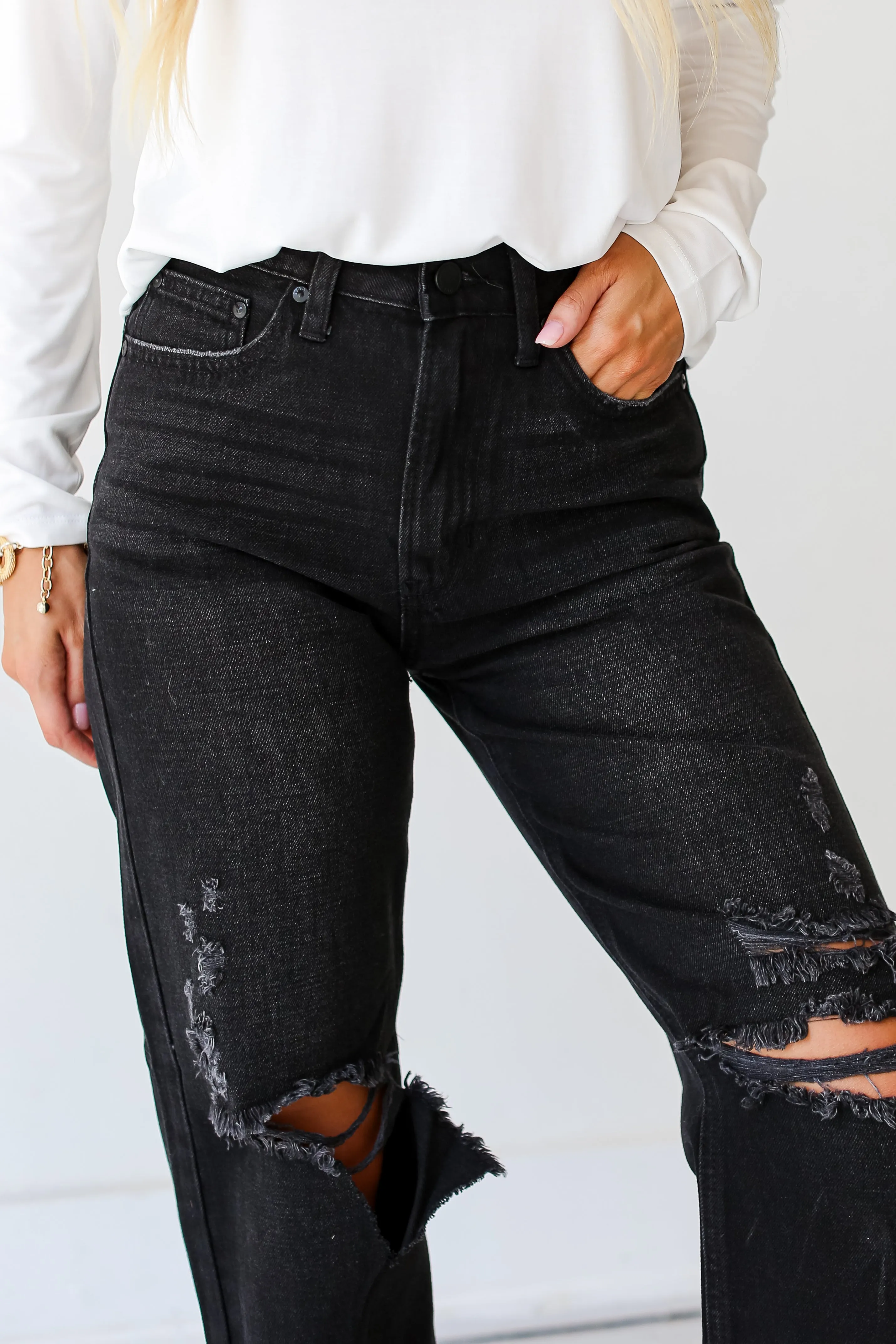 FINAL SALE - Extra Trendy Black Distressed Dad Jeans