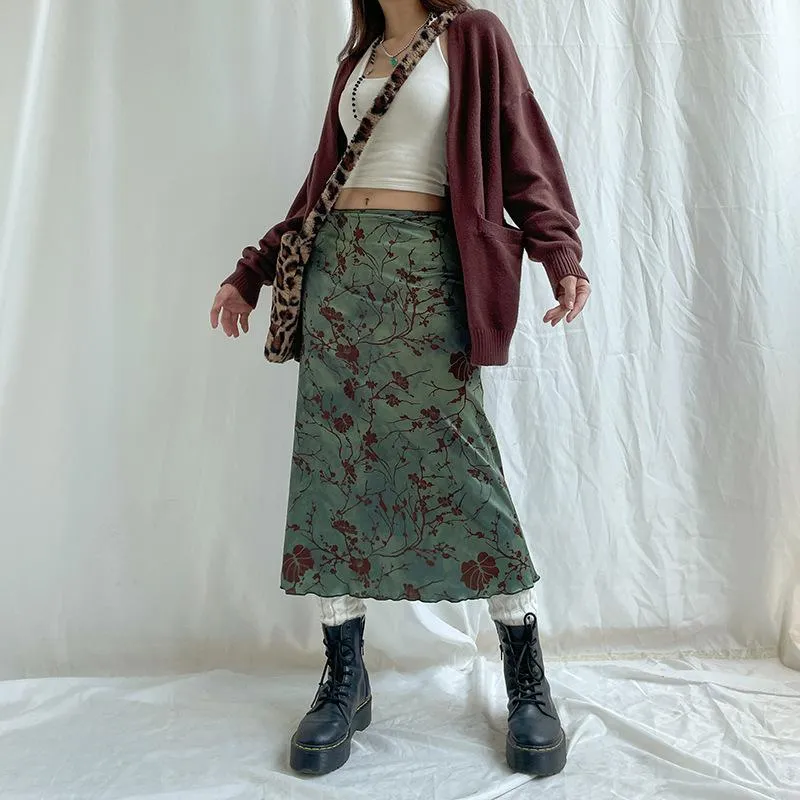 Flower pattern contrast ruffle tie dye midi skirt grunge 90s Streetwear Disheveled Chic Fashion grunge 90s Streetwear Distressed Fashion