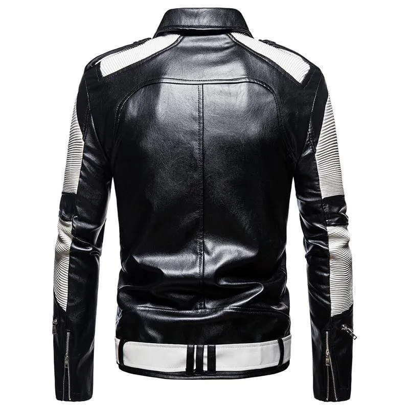 Genuine Leather Black and White Color Race Biker Lapel Jacket