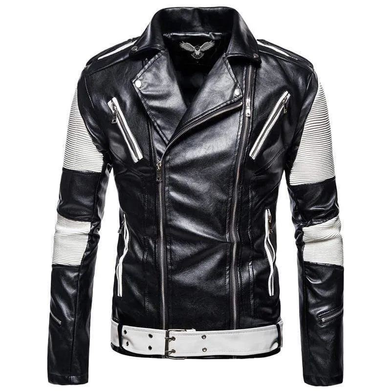 Genuine Leather Black and White Color Race Biker Lapel Jacket