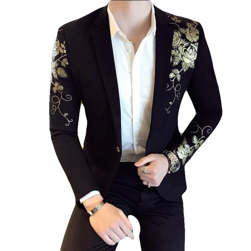 Gold Flower Print One Button Blazer Jacket Men 2023 Brand New Party Wedding Festival Stylish Slim Suit Blazer Men Costume Homme