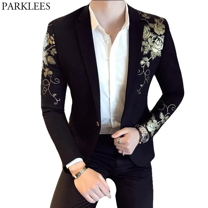 Gold Flower Print One Button Blazer Jacket Men 2023 Brand New Party Wedding Festival Stylish Slim Suit Blazer Men Costume Homme