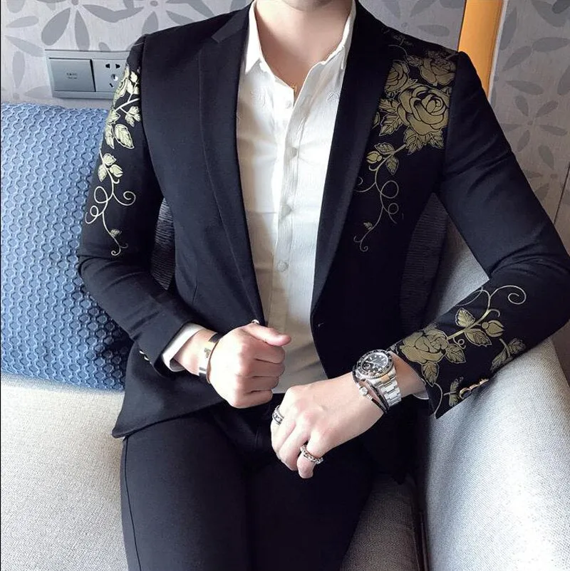 Gold Flower Print One Button Blazer Jacket Men 2023 Brand New Party Wedding Festival Stylish Slim Suit Blazer Men Costume Homme