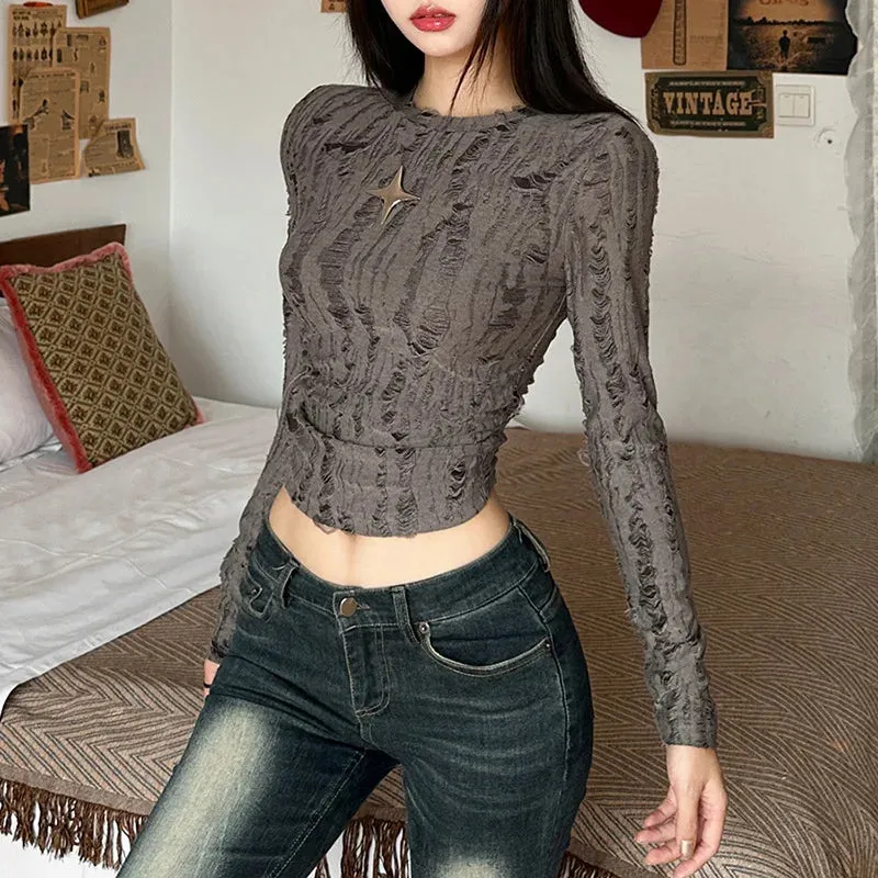 Grunge Goth Distressed Long-Sleeved Cropped Top