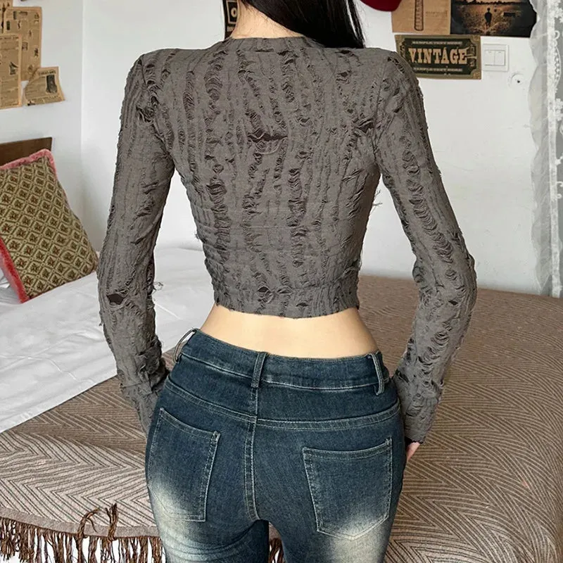 Grunge Goth Distressed Long-Sleeved Cropped Top