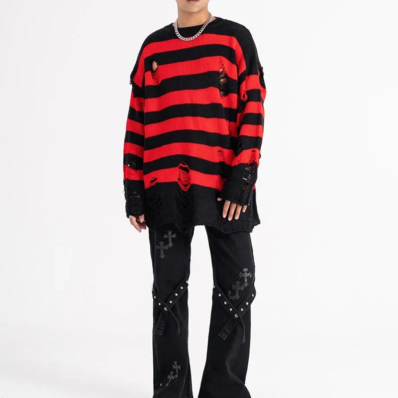 Grunge Unisex Striped Distressed Sweater