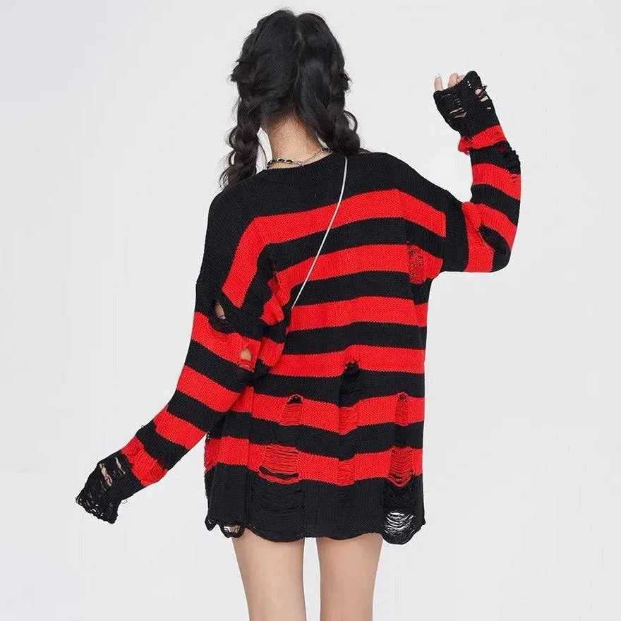 Grunge Unisex Striped Distressed Sweater