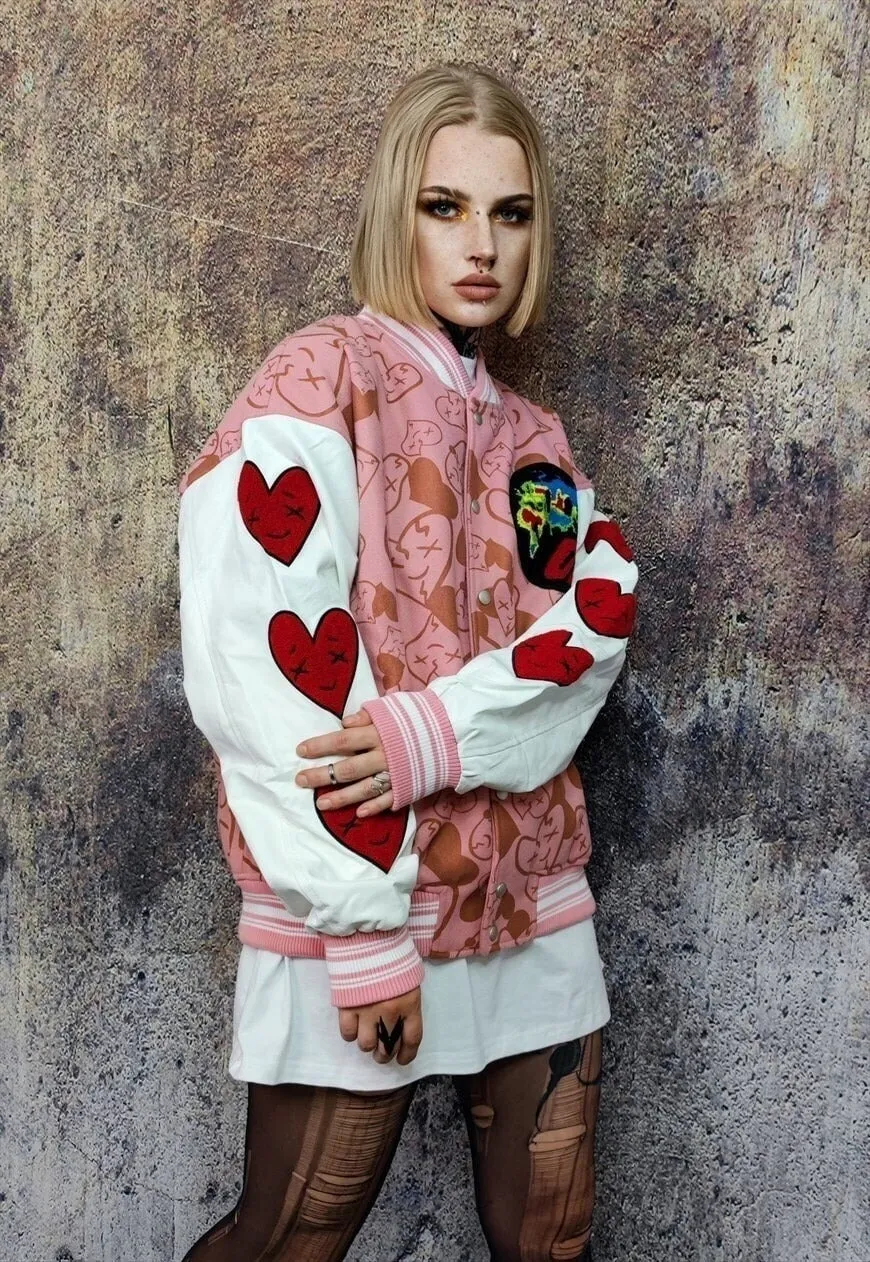 Heart patch varsity jacket faux leather sleeve bomber pink