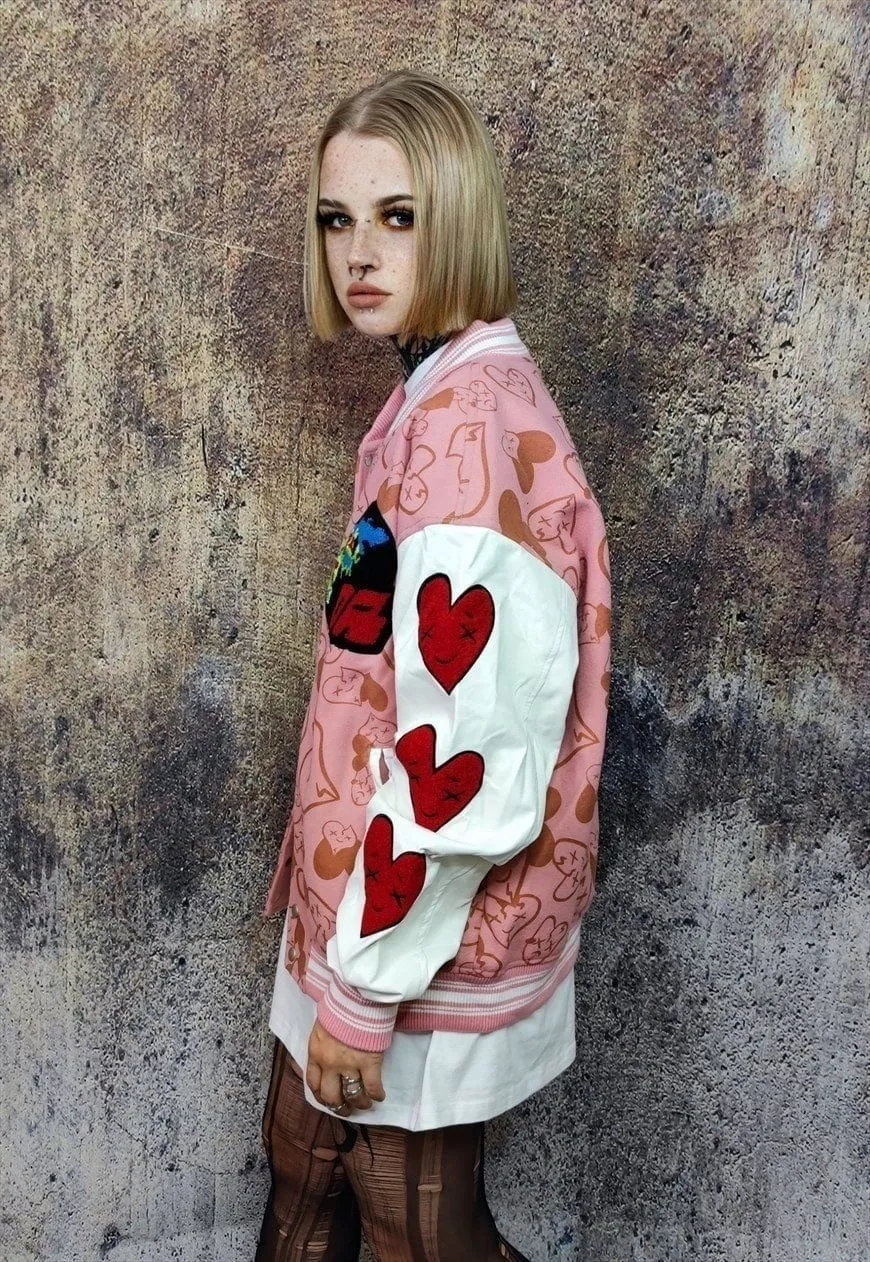 Heart patch varsity jacket faux leather sleeve bomber pink